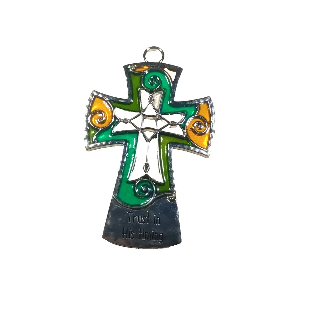 Trust In His Timing Cross Pendant Faux Stain Glass